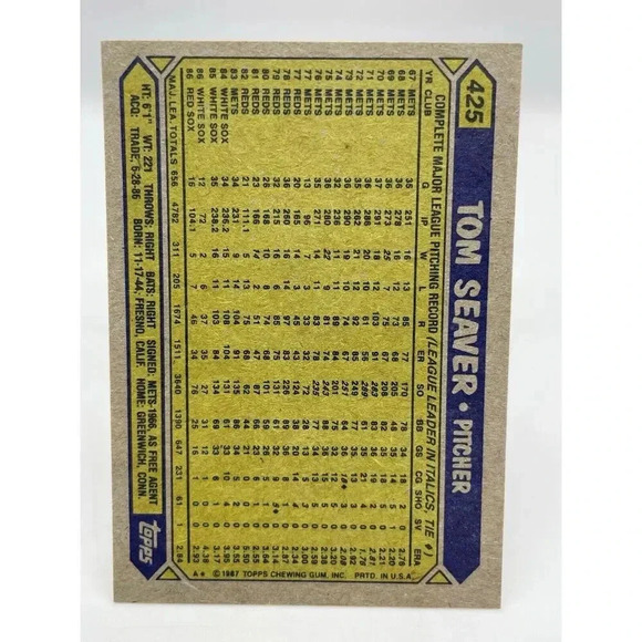 Tom Seaver #425 Boston Red Sox Vintage 1987 Topps TCG MLB Mint - Picture 2 of 2